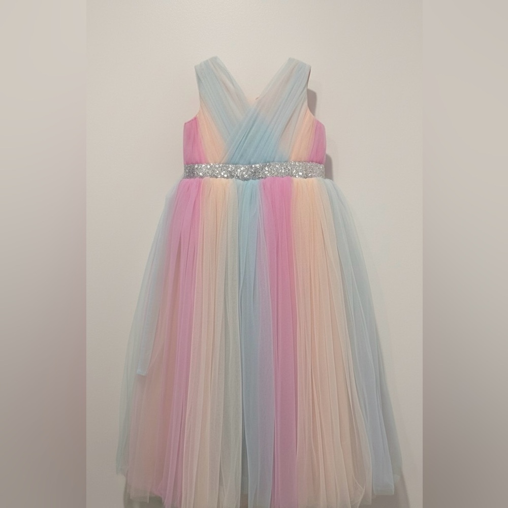 Pastel Rainbow Kids Long Dress with Silver Accents